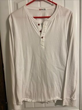 H2H White Long-Sleeve Henley Shirt with Button Placket